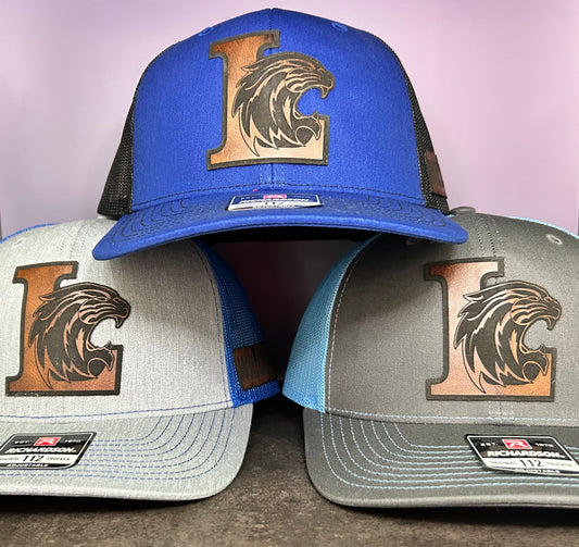 Lexington "L" Engraved on Trucker Hat - Richardson 112 Hat - Heather Grey/Royal Blue - with Lexington Patch.