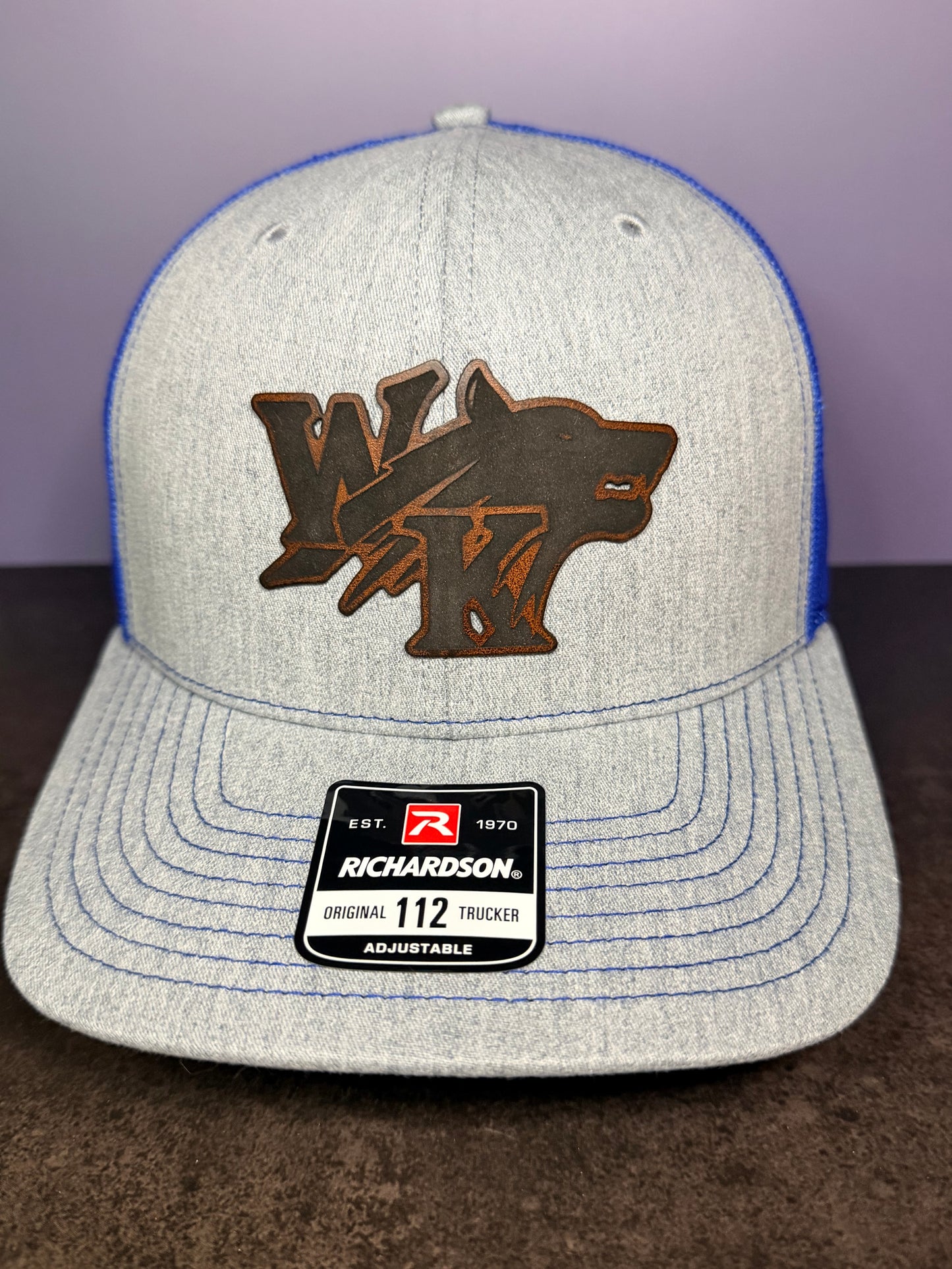 White Knoll Trucker Hat - Richardson 112 Hat - Heather Grey/Royal Blue - with White Knoll Patch.