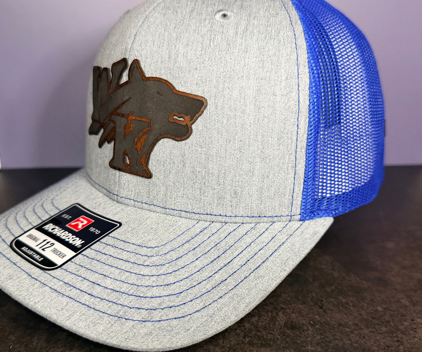 White Knoll Trucker Hat - Richardson 112 Hat - Heather Grey/Royal Blue - with White Knoll Patch.