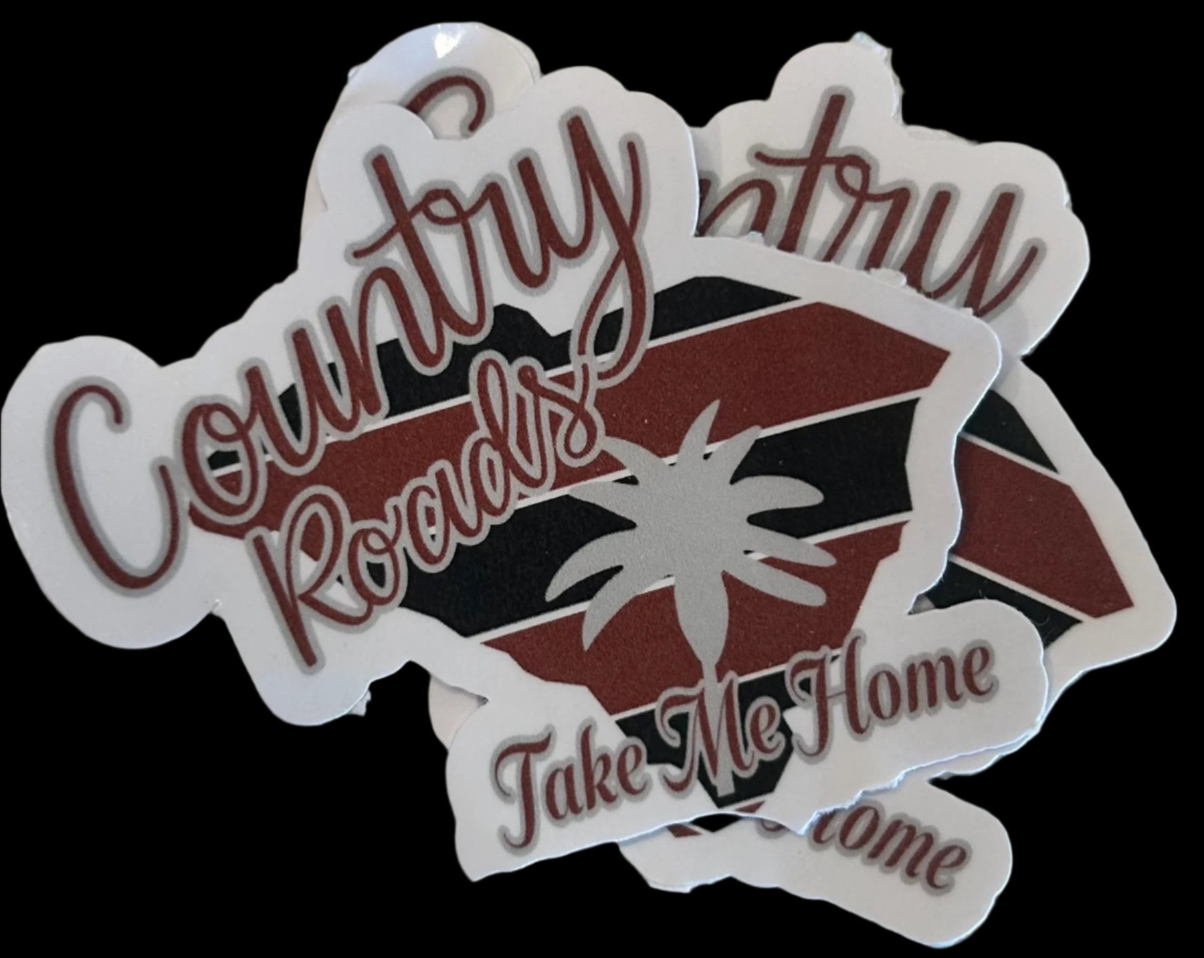 “Country Roads Take Me Home" cut in SC shape with Garnet and Black Colors custom sticker 3"x2.5"