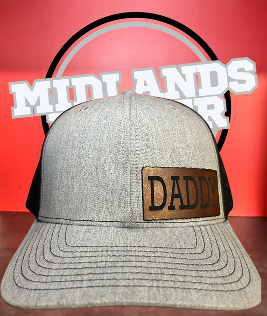 Trucker Hat - Richardson 112 Hat - - Heather Grey/Black - with "DADDY" on Rectangle Patch