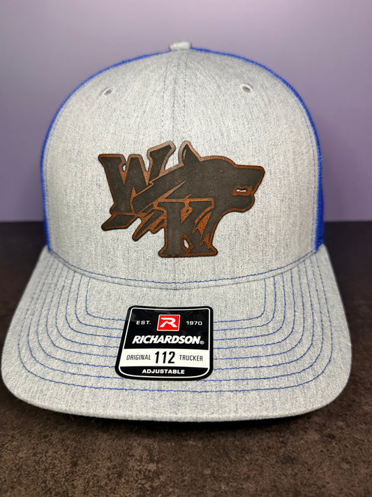 White Knoll Trucker Hat - Richardson 112 Hat - Heather Grey/Royal Blue - with White Knoll Patch.