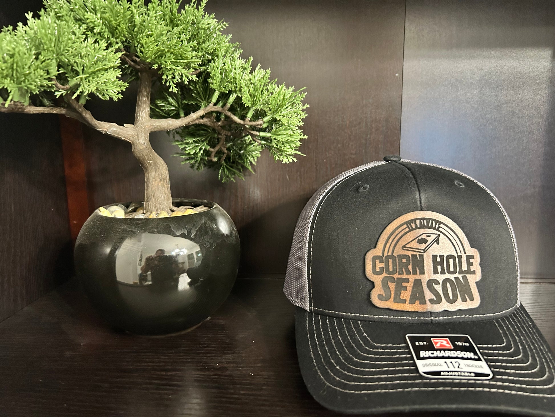 "It's Always Cornhole Season" Custom Patch on Black/Charcoal Trucker Hat